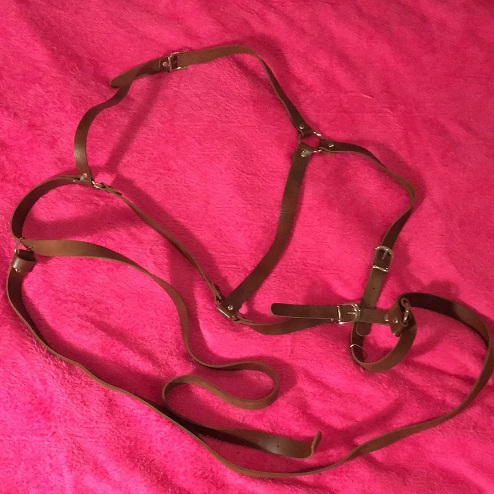 Brown Faux Leather Harness Belt with Metal Buckle Details
